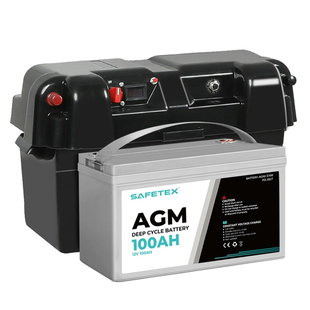 12V 100Ah AGM Battery Outdoor Rv Marine 4WD Deep Cycle & W/ Strap Battery Box