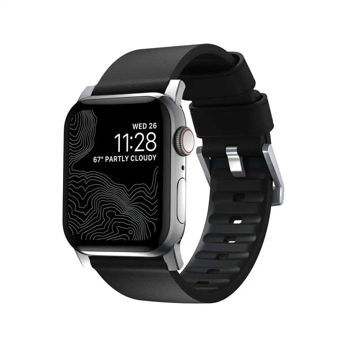 Nomad Active Band Pro 40mm / 41mm - Silver Hard with Black Leather Strap