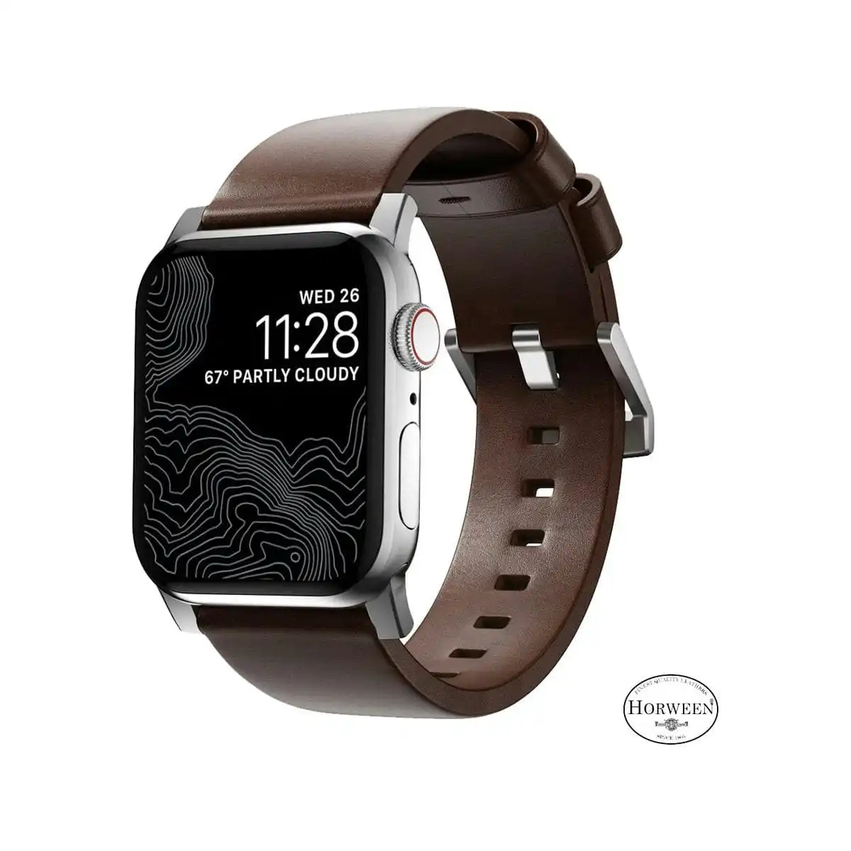 Nomad Apple Watch Modern Band 45mm - Silver Hardware with Rustic Brown Horween Leather Strap