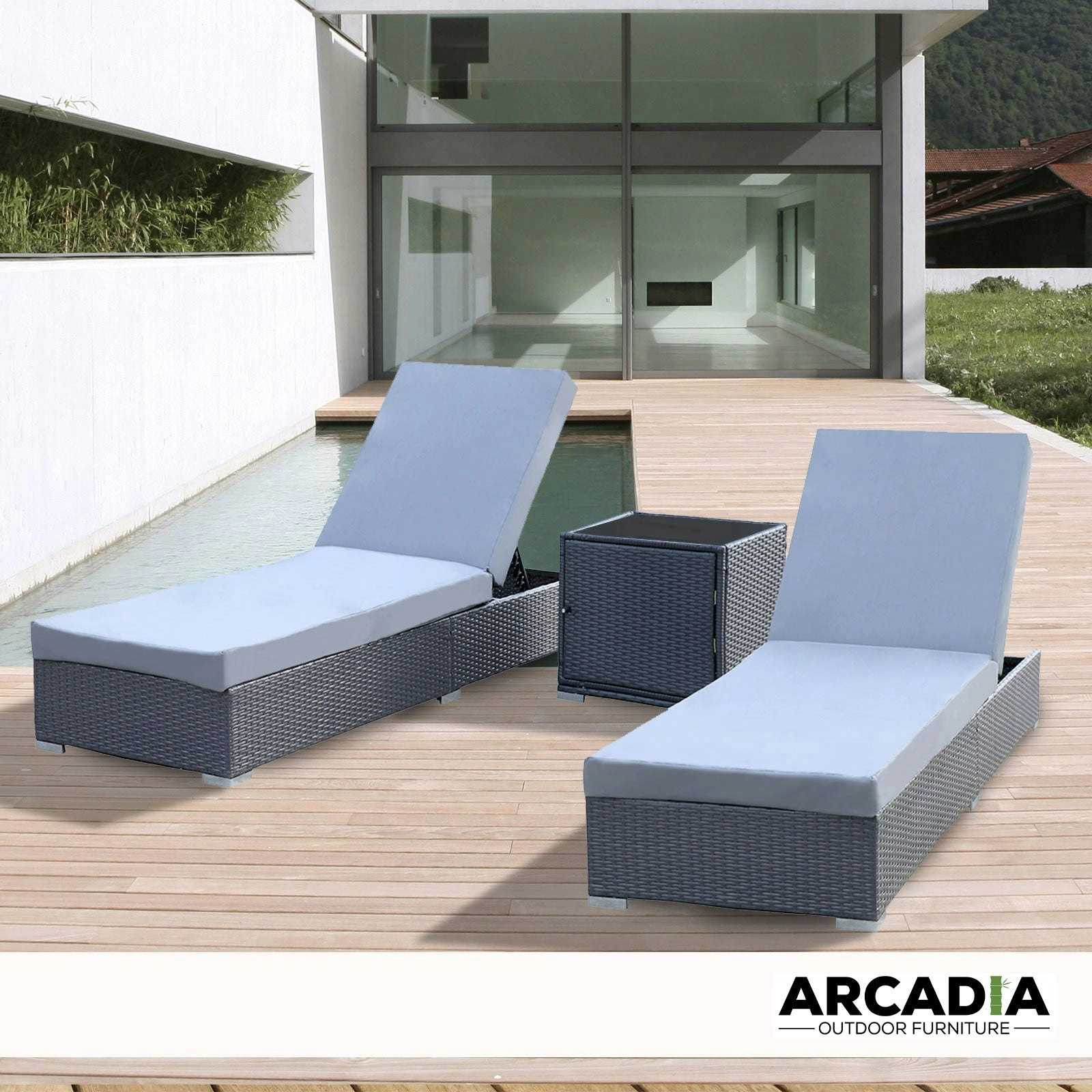 Arcadia Furniture Outdoor 3 Piece Sunlounge Set Rattan Garden Day Bed Lounger