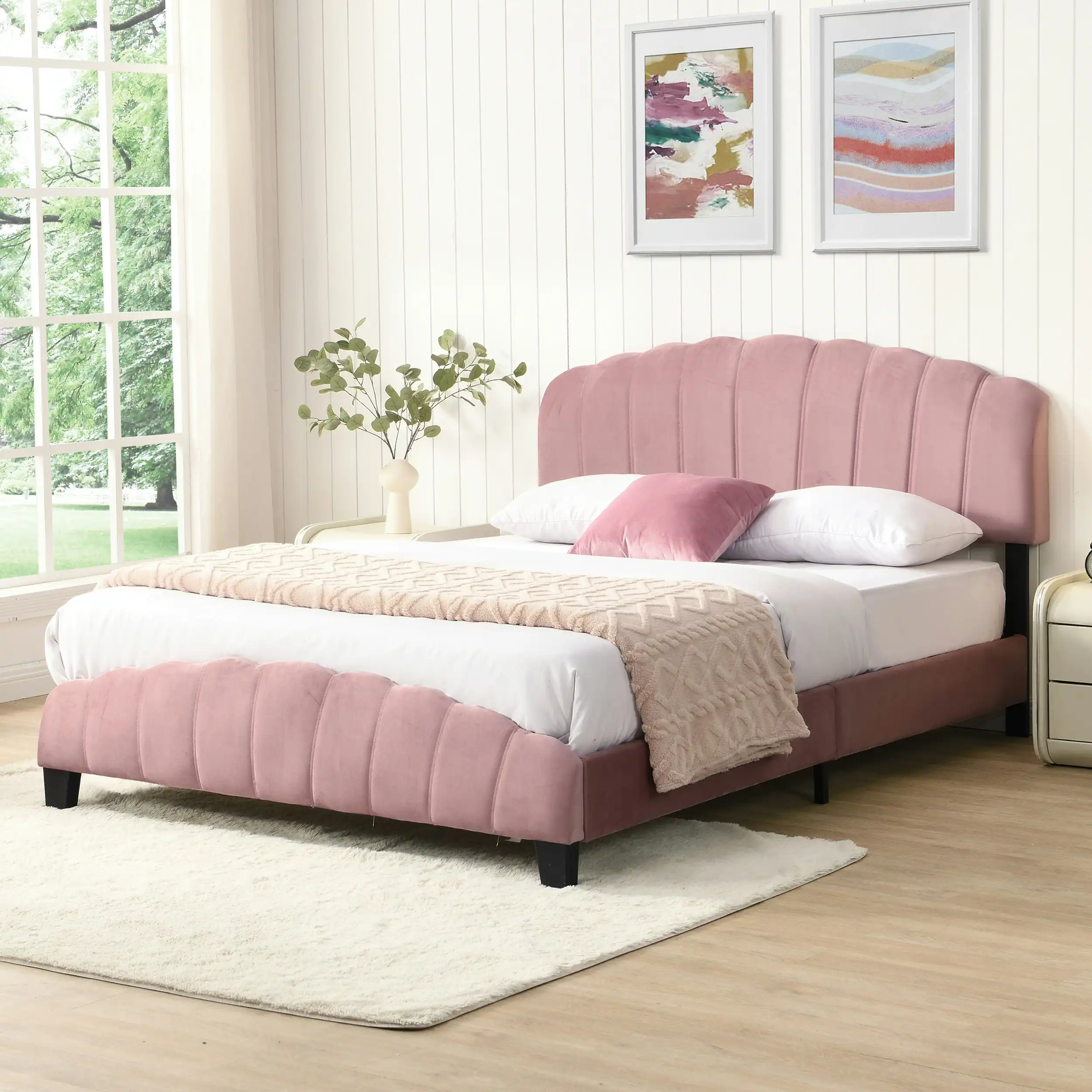IHOMDEC Double Size  Shell-Style Bed Frame Base Mattress Platform BEF04 Pink