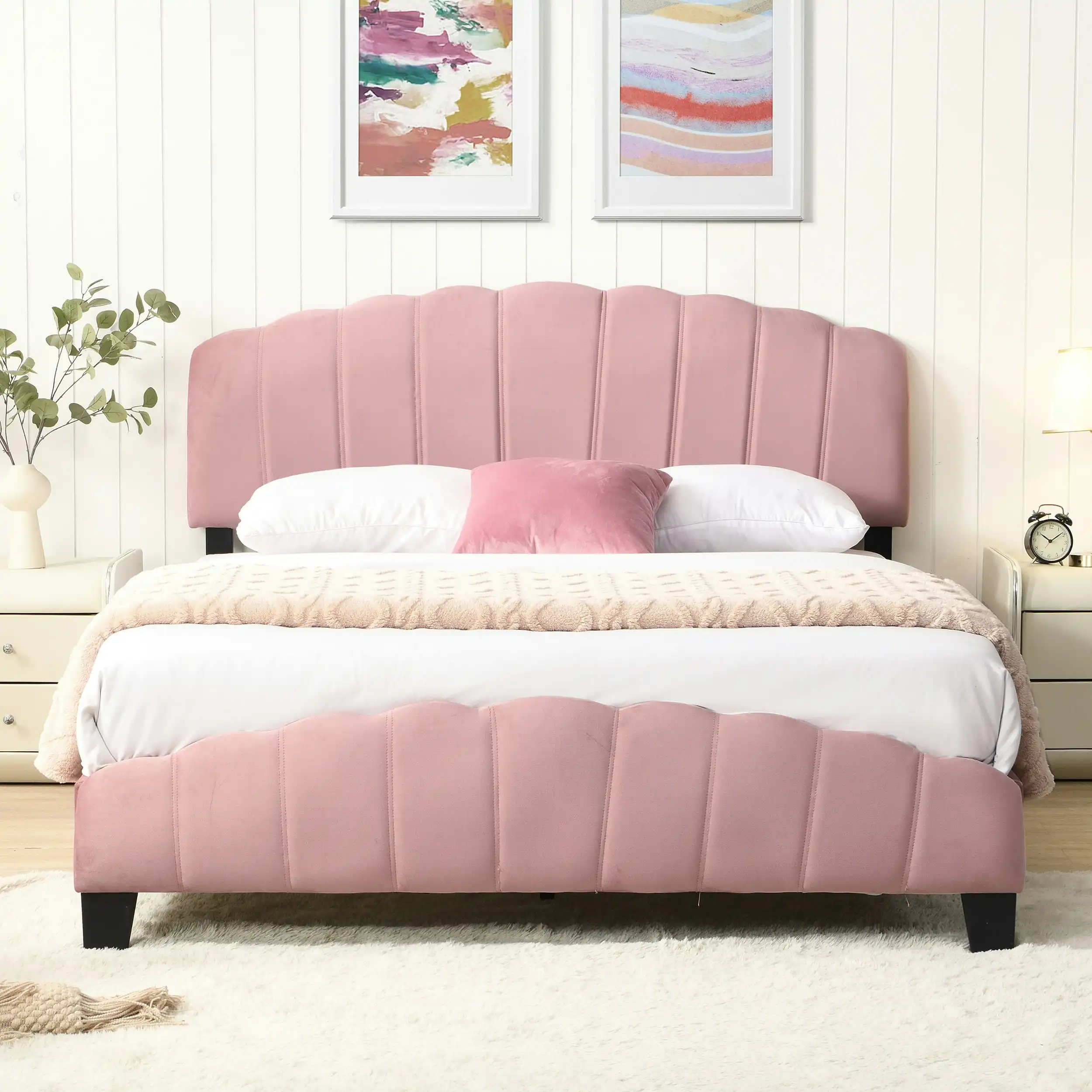 IHOMDEC Queen Size Shell-Style Bed Frame Base Mattress Platform BEF04 Pink