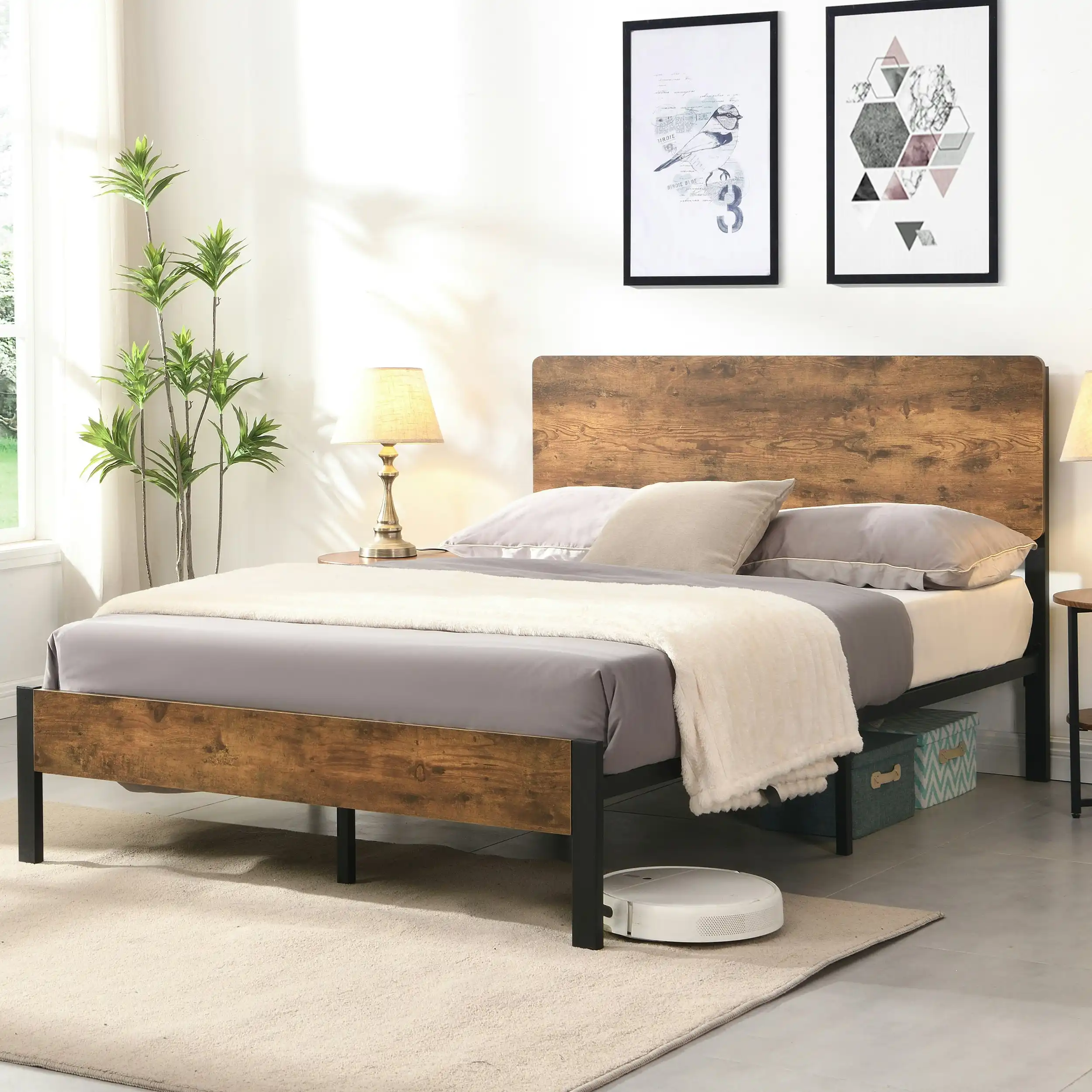 IHOMDEC Double size Heavy Duty Metal & Wood Bed Frame Base Mattress Platform BED02 Rustic Dark Brown