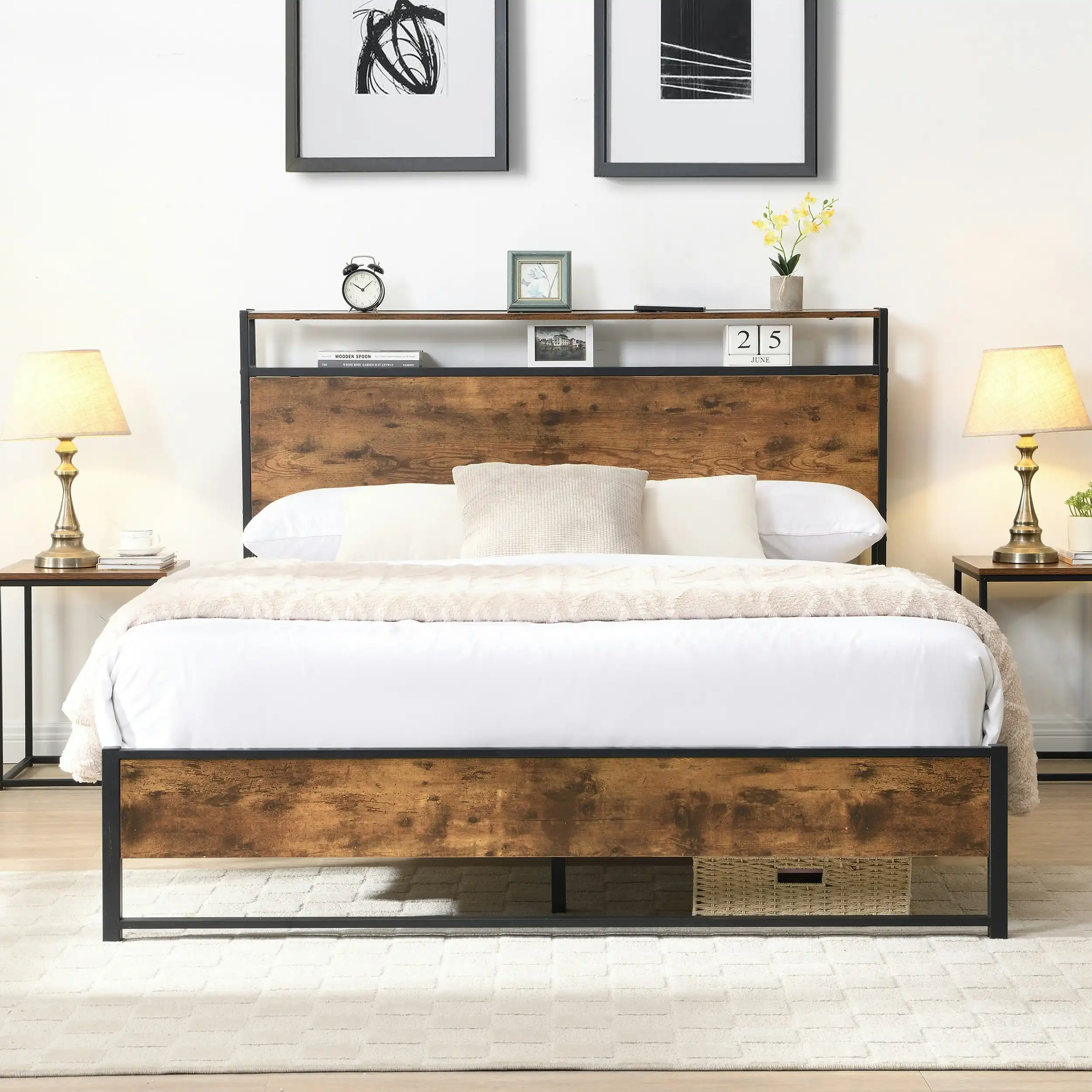 IHOMDEC Queen size  Heavy Duty Metal & Wood Bed Frame Base Mattress Platform BED01 Rustic Dark Brown