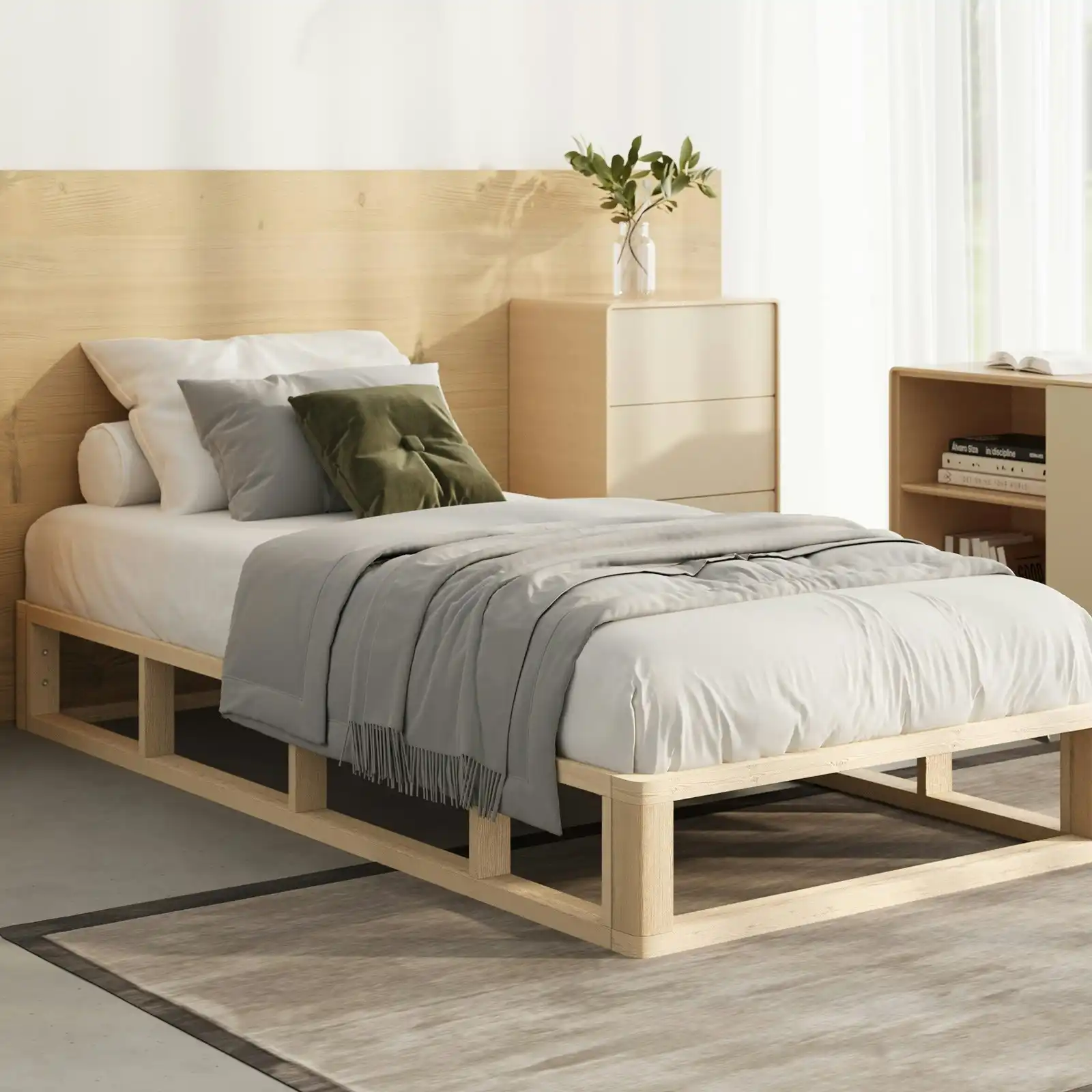 Oikiture Bed Frame Single Size Bed Base Wooden Platform Cage-like Base