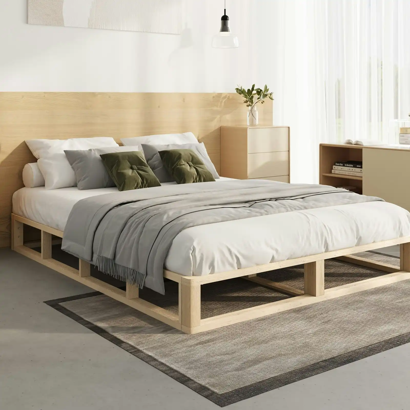 Oikiture Bed Frame Double Size Bed Base Wooden Platform Cage-like Base