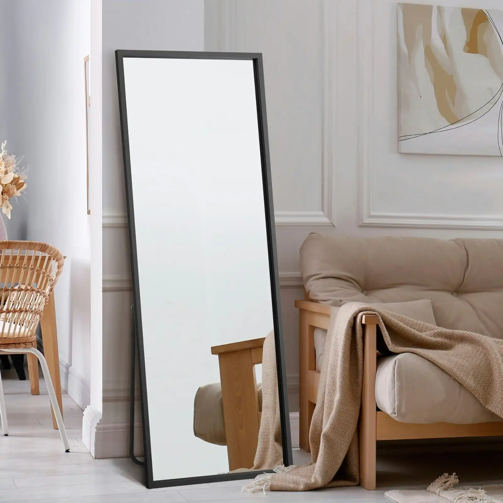 Oikiture Wooden 166x60cm Full Length Mirror Rectangle Floor Mirrors Free Standing Black