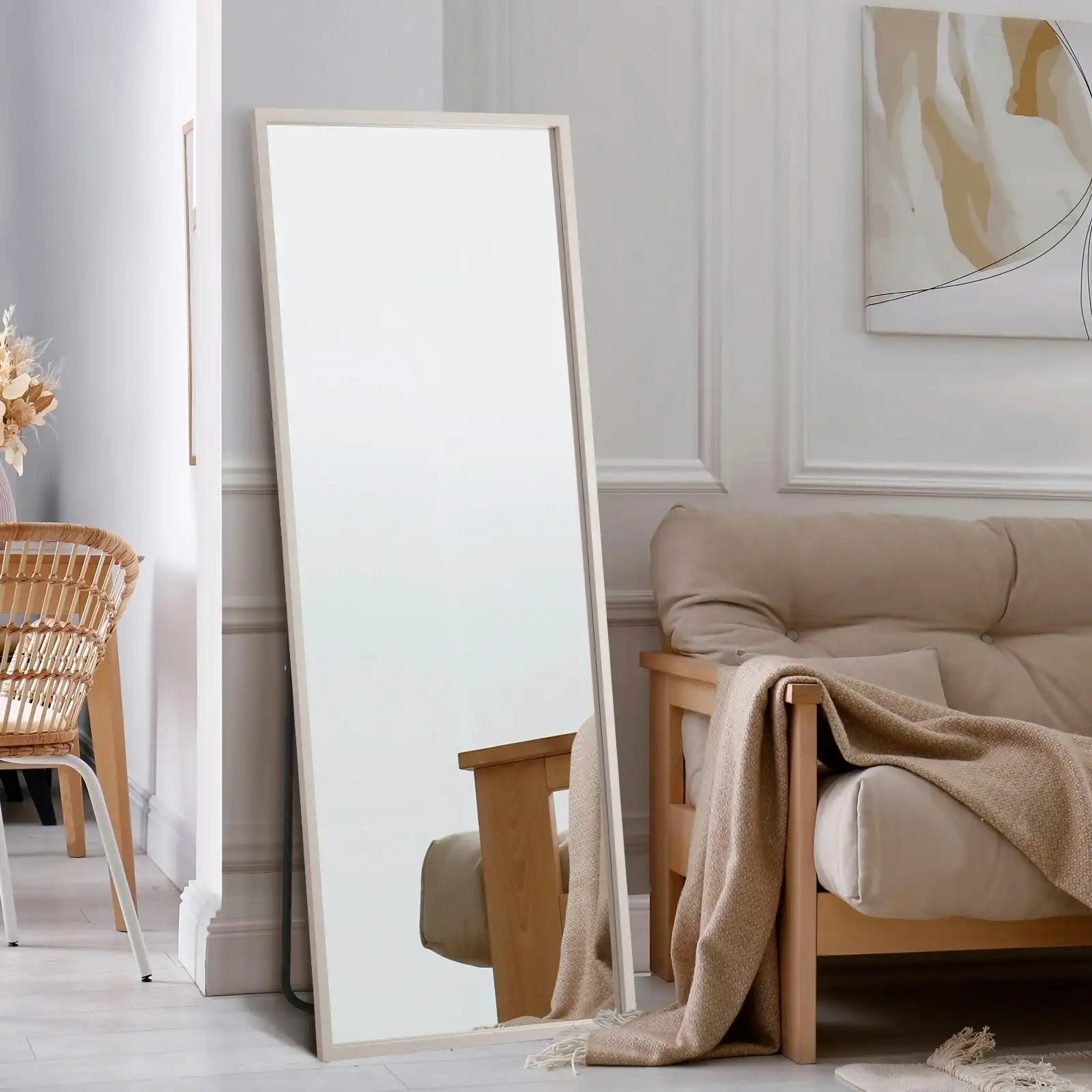 Oikiture Wooden 166x60cm Full Length Mirror Rectangle Floor Mirrors Free Standing White