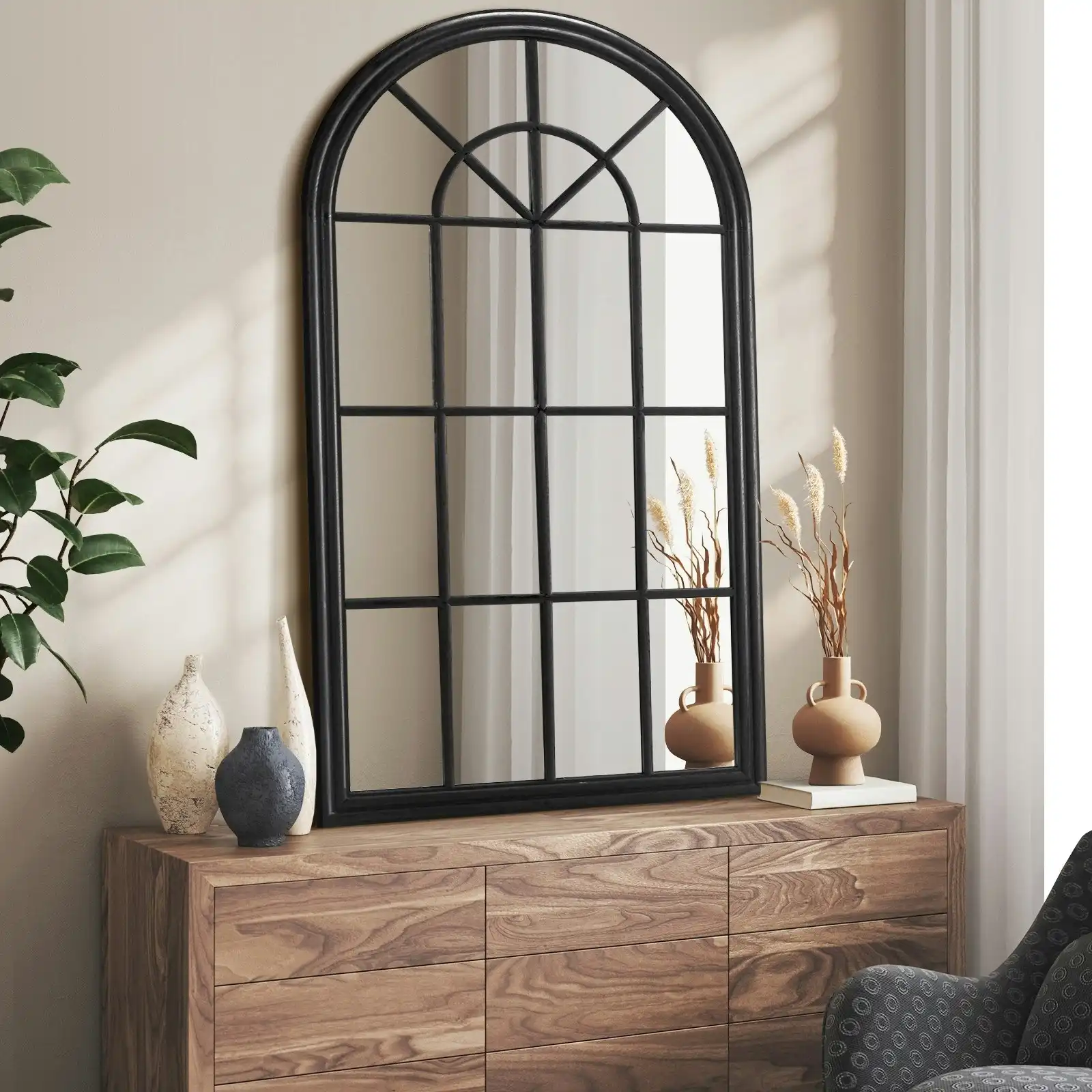 Oikiture Wooden Window Mirror Arched Wall Mirrors Decor 130x70cm Black