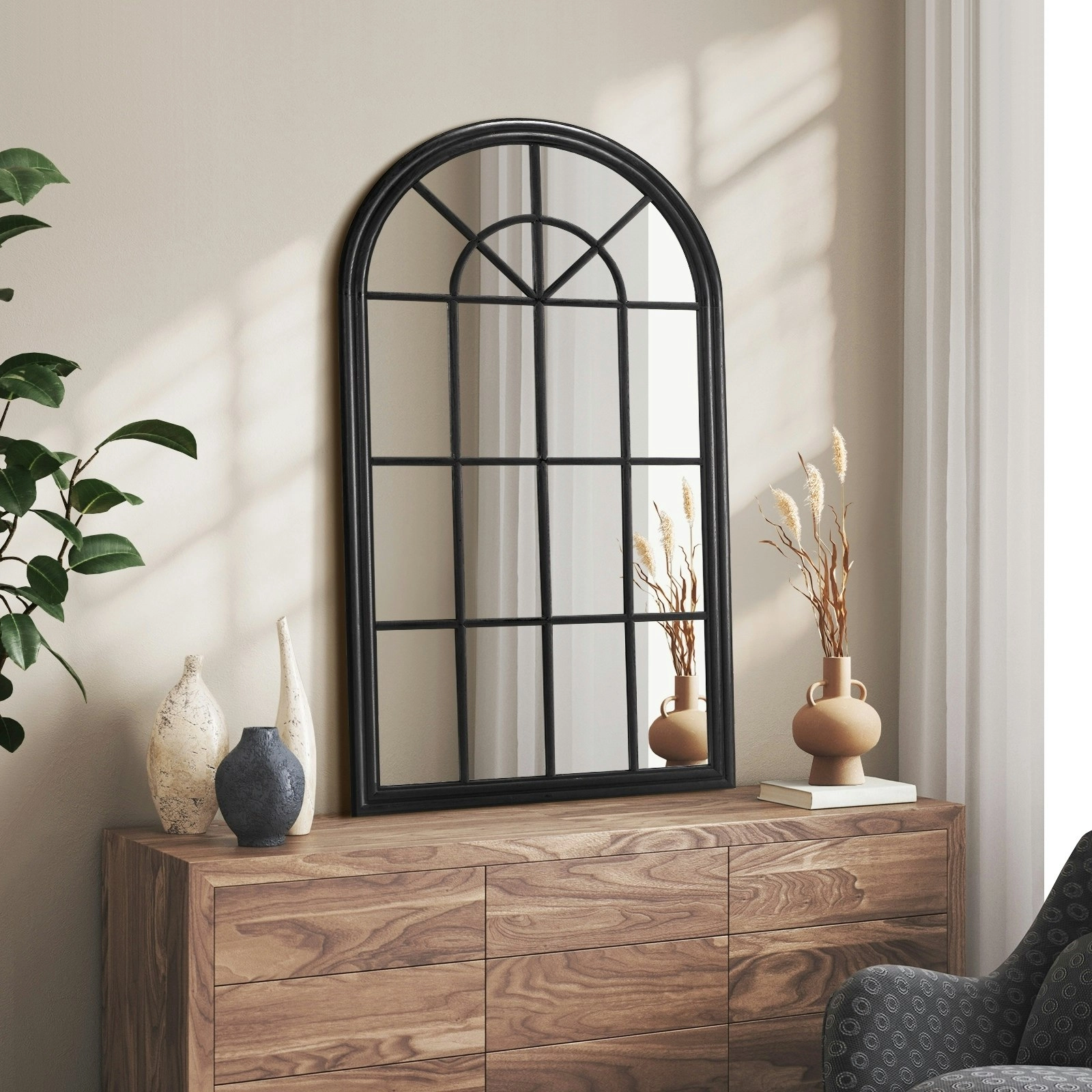 Oikiture Wooden Window Mirror Arched Wall Mirrors Decor 76x51cm Black