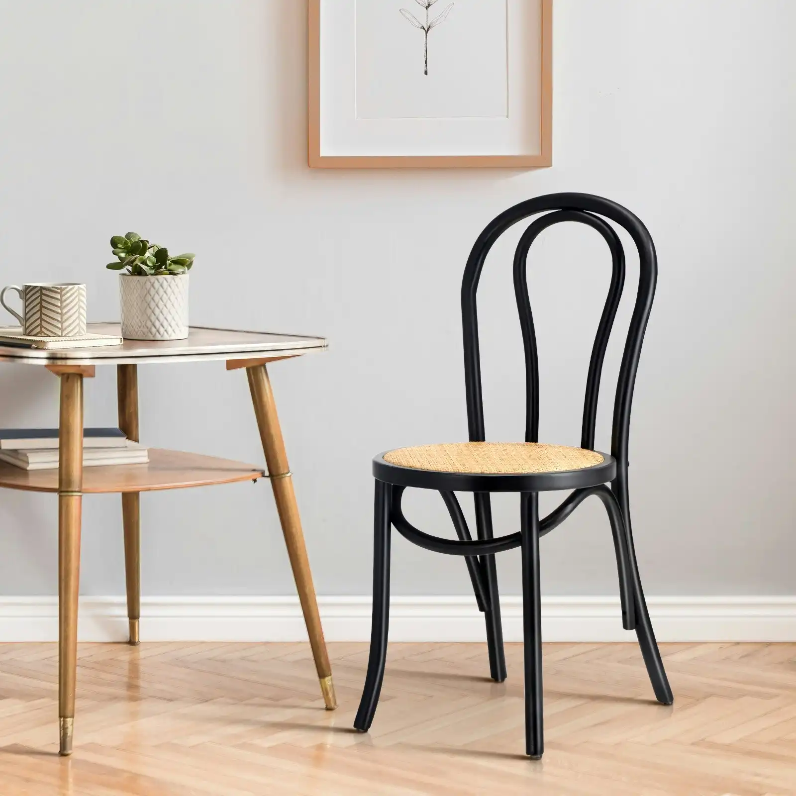 Oikiture Dining Chair Solid Wooden Chairs Ratan Seat Black