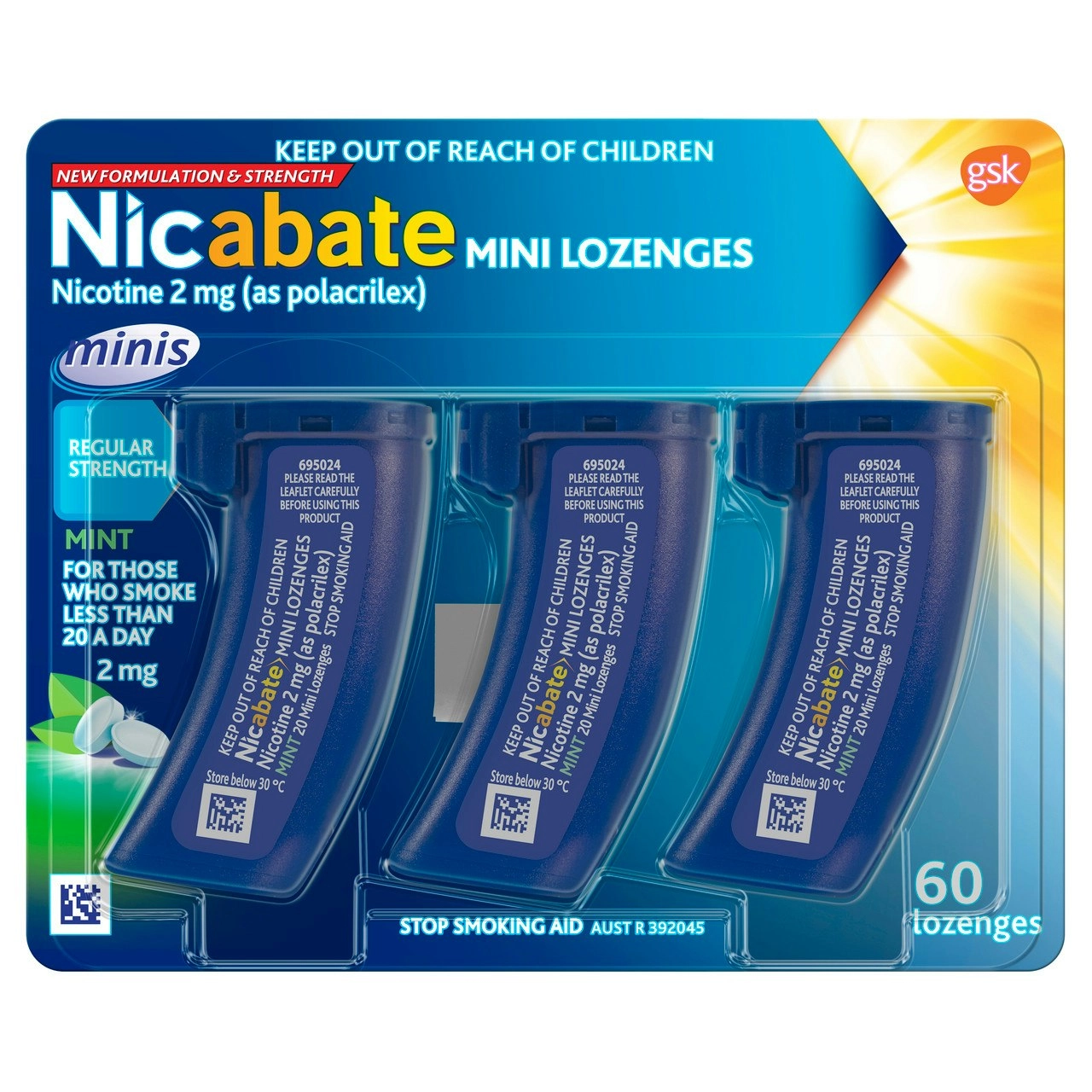 Nicabate Mini Lozenge Quit Smoking Nicotine 2 mg Regular Strength Mint 60 Pack