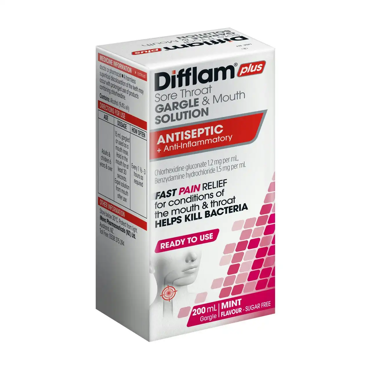 Difflam Plus Sore Throat Gargle & Mouth Antiseptic + Anti-Inflammatory Solution Sugar Free 100mL