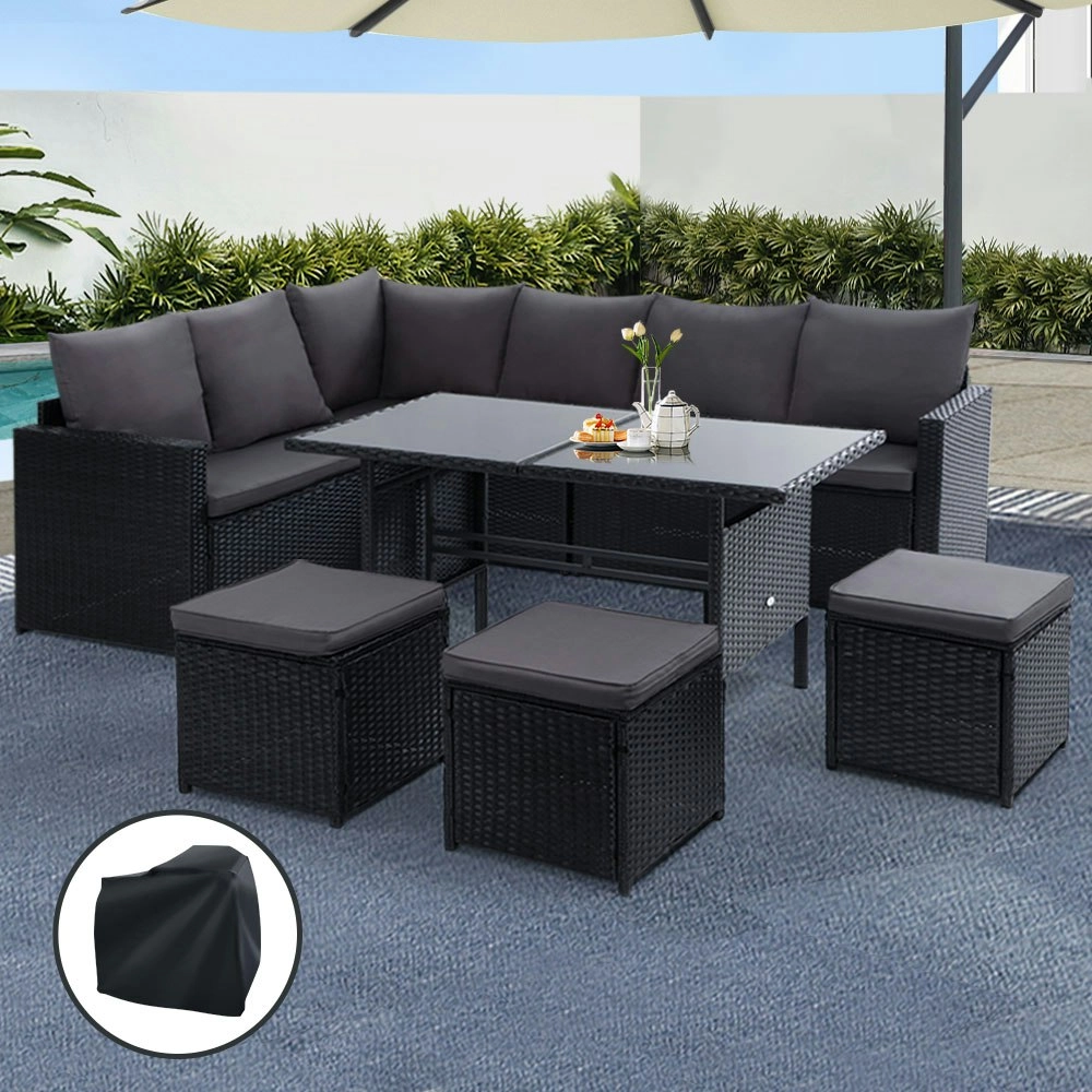 Gardeon Outdoor Dining Set Sofa Lounge Setting Chairs Table Ottoman Black Cover