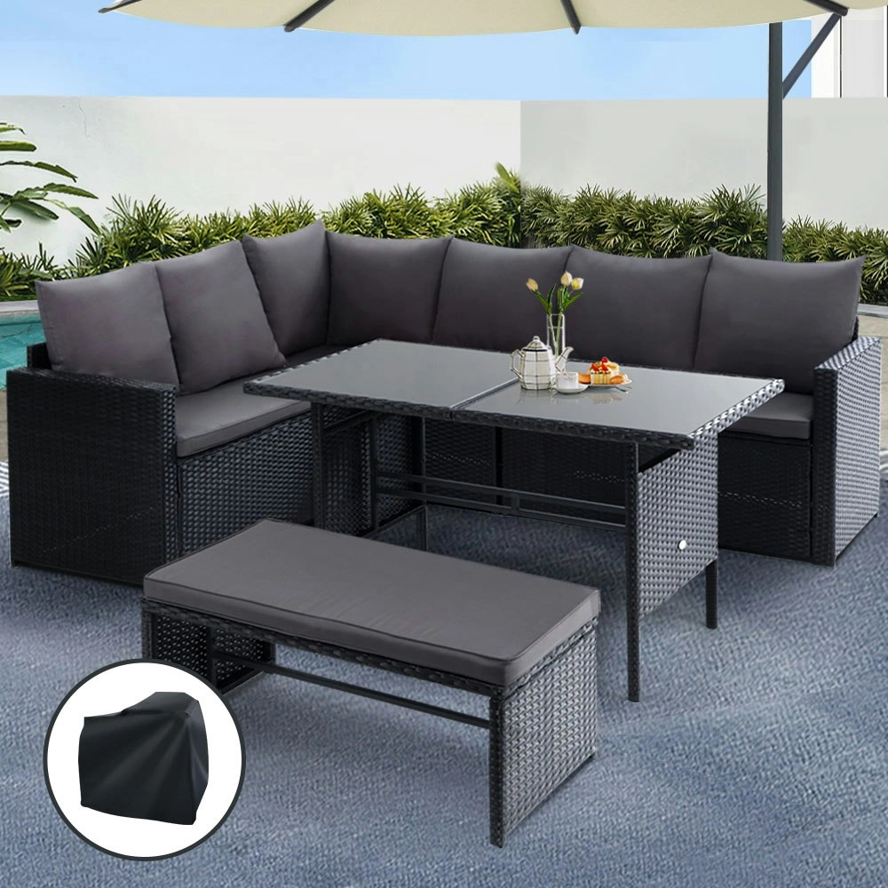 Gardeon Outdoor Dining Set Sofa Lounge Setting Chairs Table Bench Black Cover