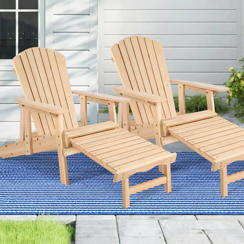 Alfordson 2x Outdoor Chairs Wooden Adirondack w/ Ottoman Patio Beach Garden Wood