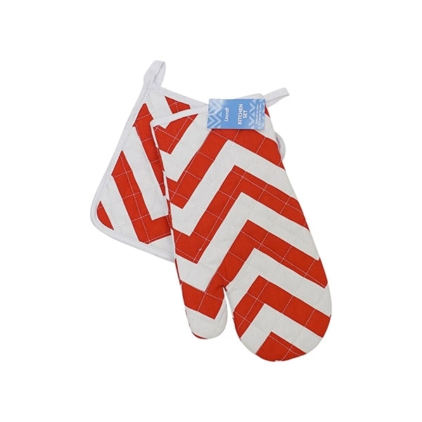 Oven Mitt and Pot Holder Set, Red- Chevron