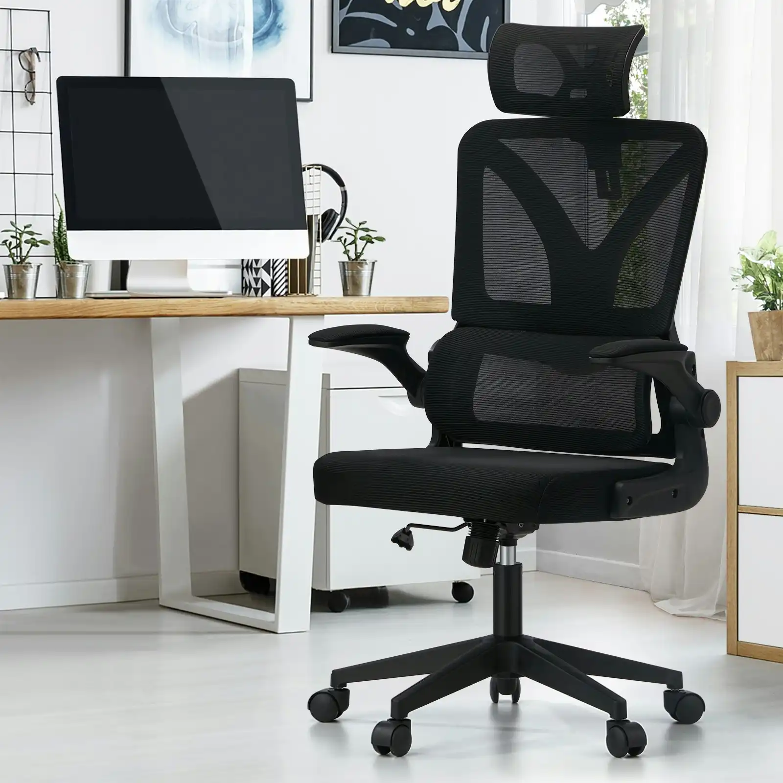 Oikiture Mesh Office Chair Adjustable Lumbar Support Reclining D-Shape Black
