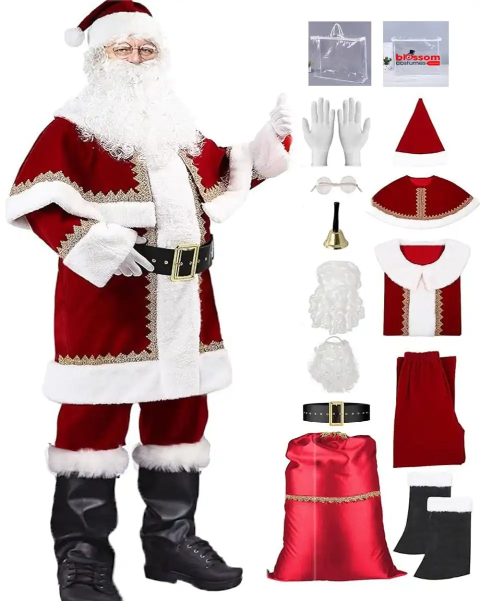 Premium 13pcs Velvet Santa Claus Mens Costume