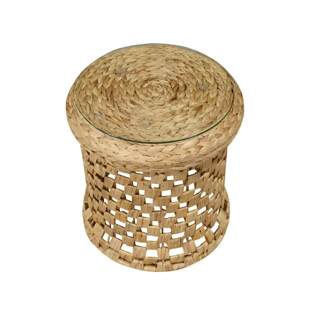 Design Square Lucy Woven Round Slim End Lamp Side Table Glass Top Metal Frame Natural