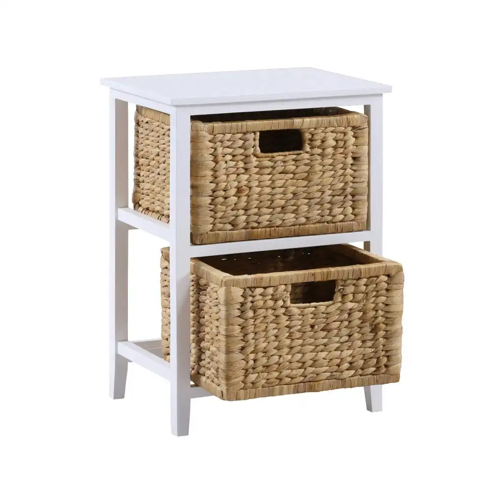 Design Square Rory End Lamp Side Table W/ 2 Woven Baskets White