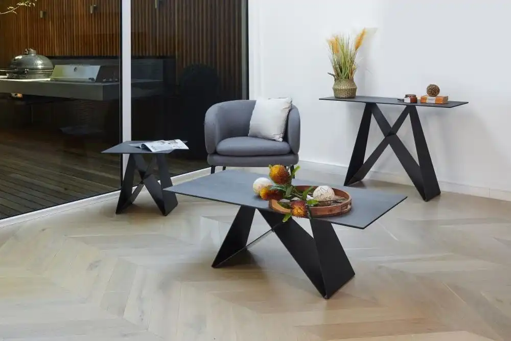 Raimon Furniture Odette Rectangular Coffee Table - Black Metal Frame - Shadow Grey Ceramic