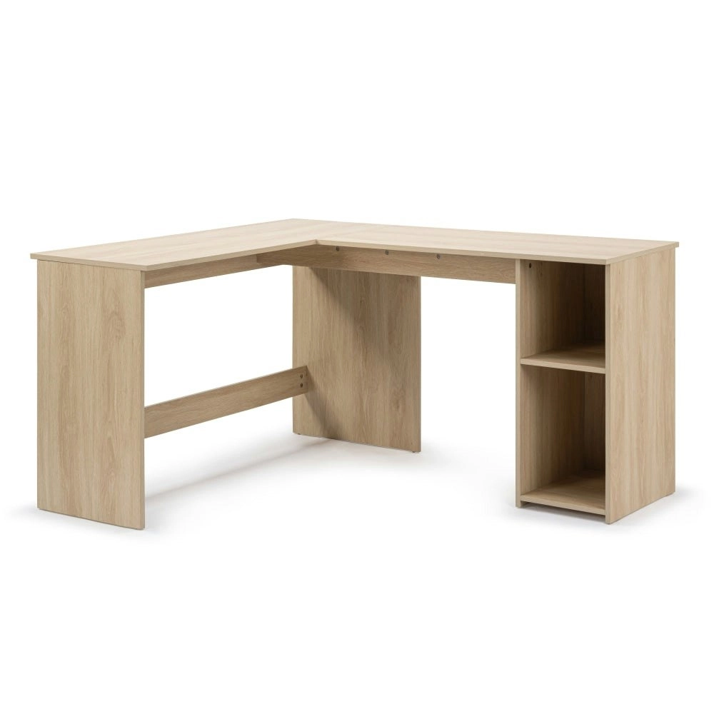 Design Square Walter L-Shape Executive Study Computer Working Task Office Desk Table W/ 2-Shelves Oak