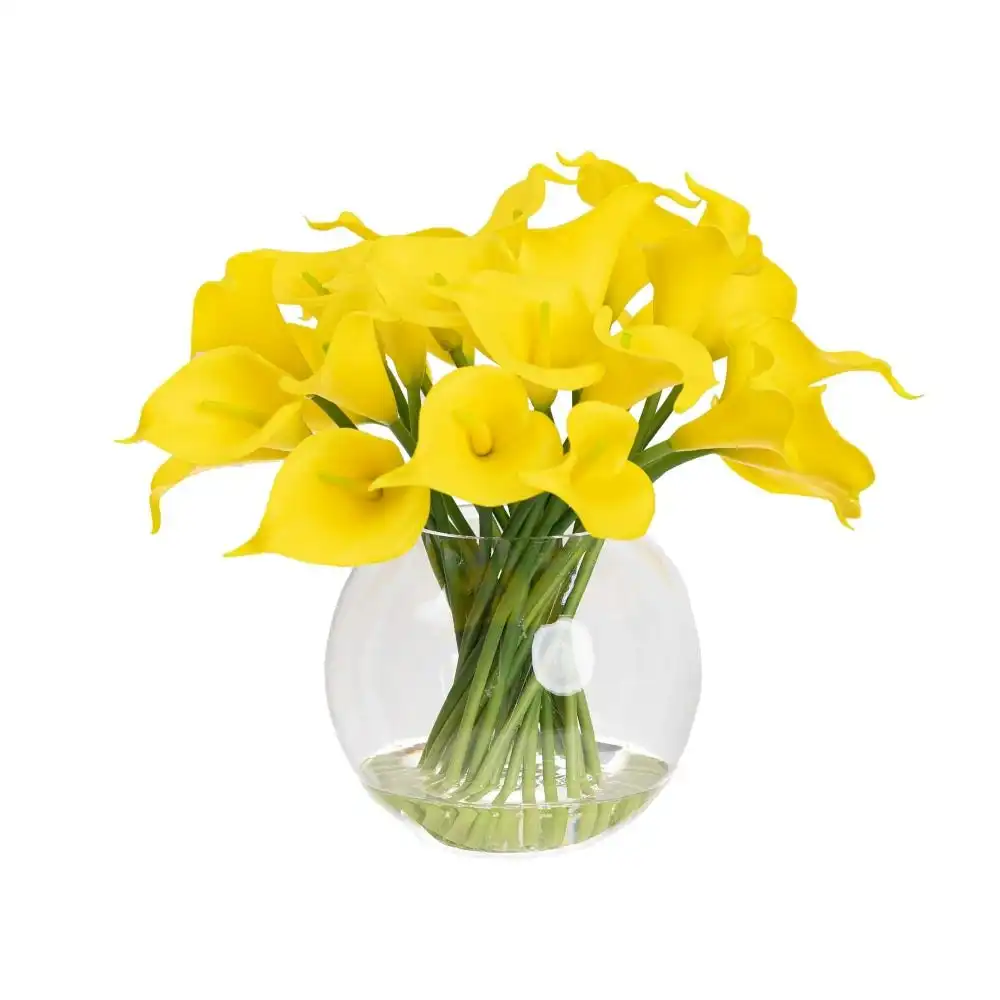 Glamorous Fusion Real Touch Yellow Calla Lily 27cm Artificial Faux Plant Flower Decorative In Fishbowl Vase