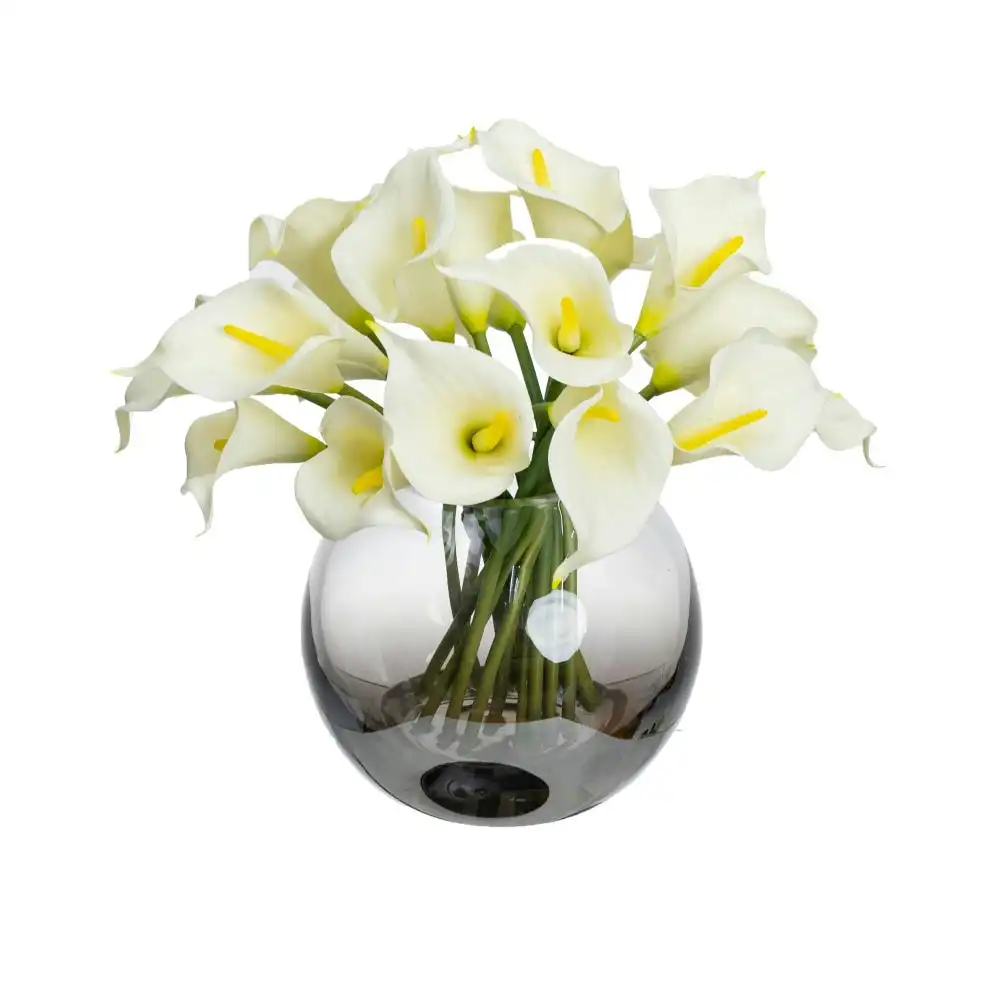 Glamorous Fusion Real Touch White Calla Lily Artificial Faux Plant Flower Decorative In Fishbowl Vase
