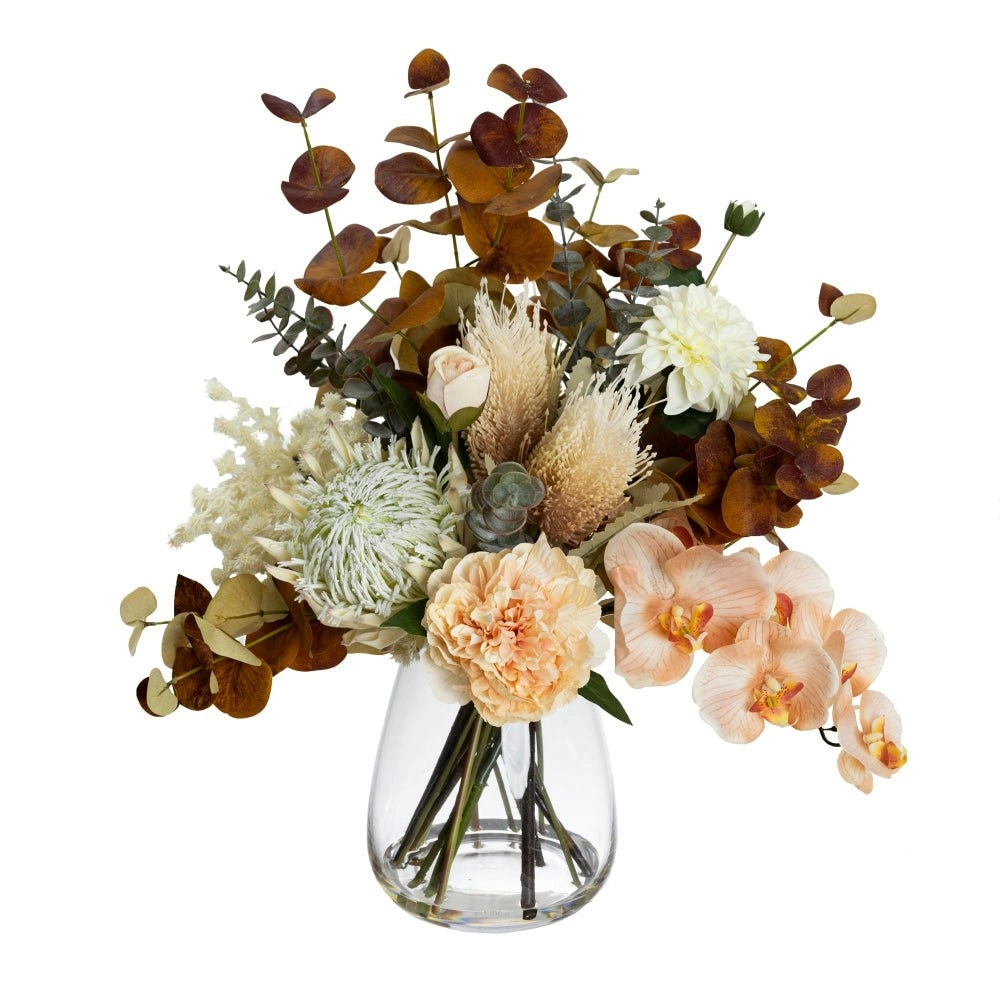 Glamorous Fusion Dried Look Floral 62cm Mixed Artificial Faux Flower Plant Decorative Arrangement In Glass