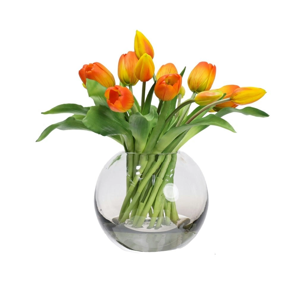 Glamorous Fusion Orange Tulip Artificial Faux Flower Plant Decorative Arrangement In Fishbowl