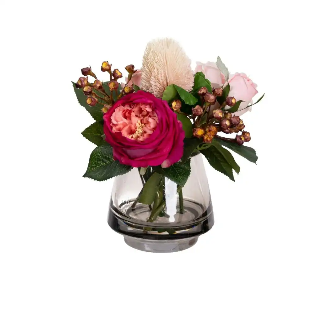Glamorous Fusion Set Of 2 Real Touch Rose Mixed Artificial Faux Plant Flower Decorative Arrangement In Fishbowl Vase