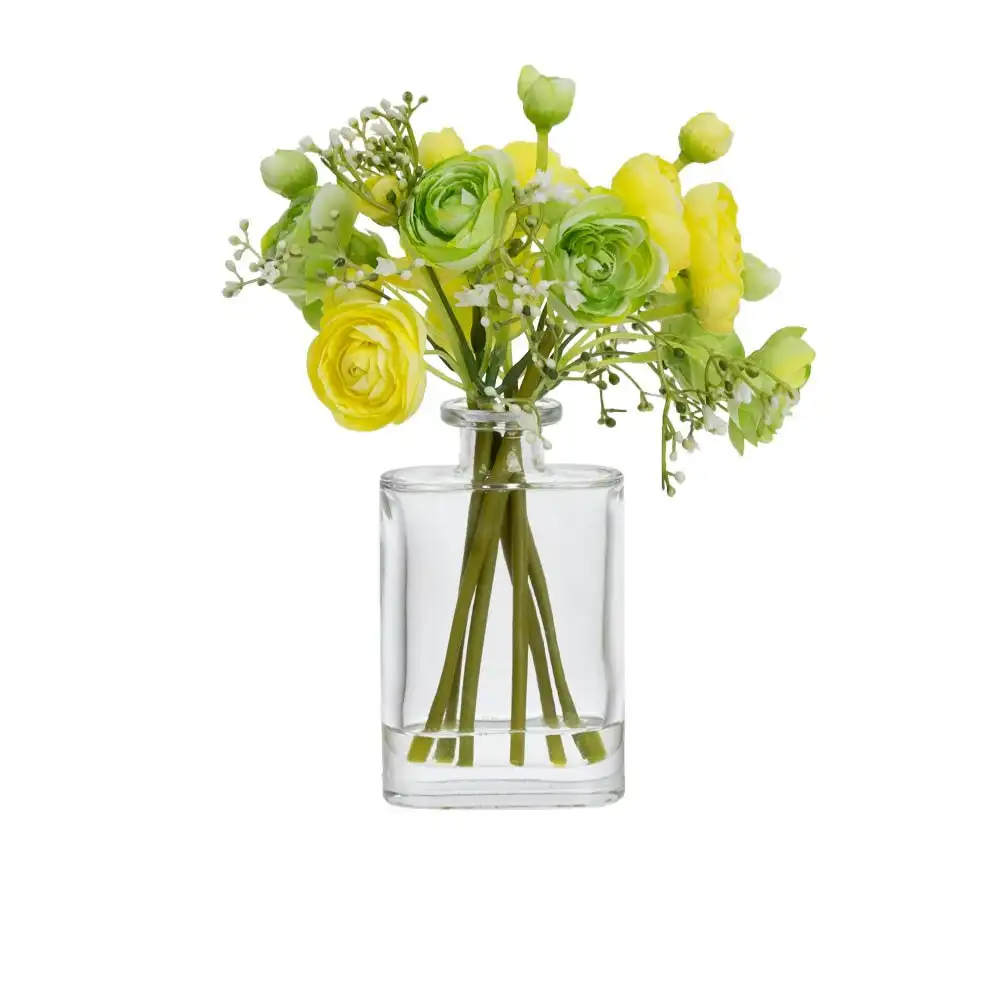 Glamorous Fusion Yellow & Green Rununculus 20cm Mixed Artificial Faux Flower Plant Decorative Arrangement In Bud Vase
