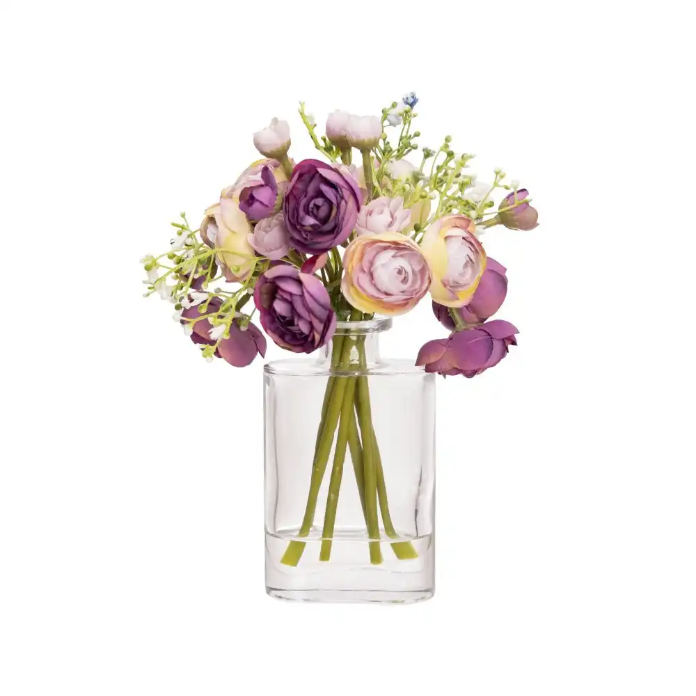 Glamorous Fusion Purple Rununculus 20cm Mixed Artificial Faux Flower Plant Decorative Arrangement In Bud Vase
