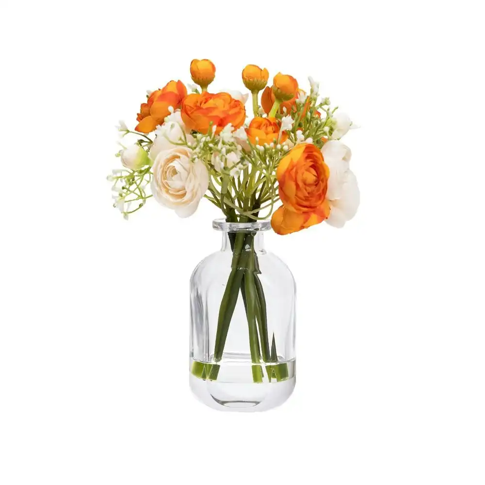 Glamorous Fusion Orange Rununculus 20cm Mixed Artificial Faux Flower Plant Decorative Arrangement In Bud Vase
