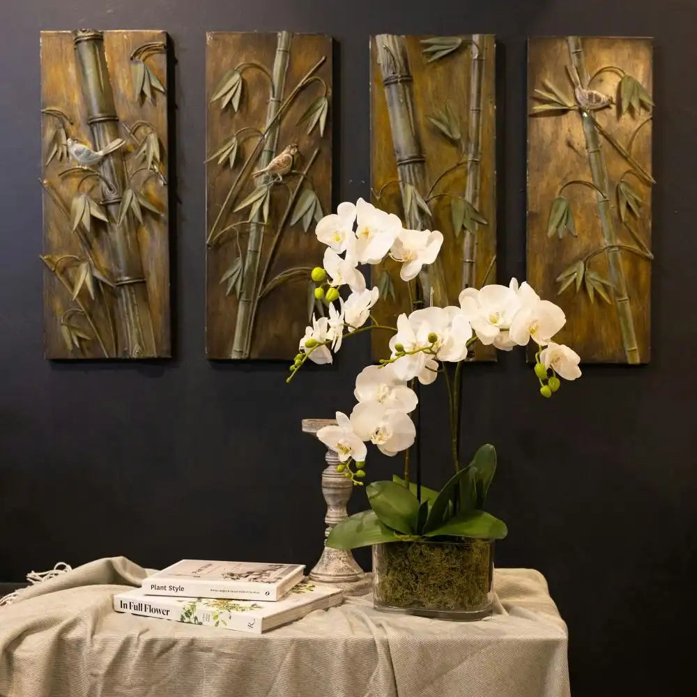 Glamorous Fusion Orchid 60cm Artificial Faux Plant Decorative Arrangement In Flat Glass White