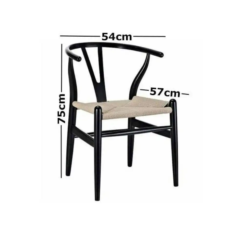 Set of 2 - Hans Wegner Replica Wishbone Cord Dining Chair - Natural Seat - Black