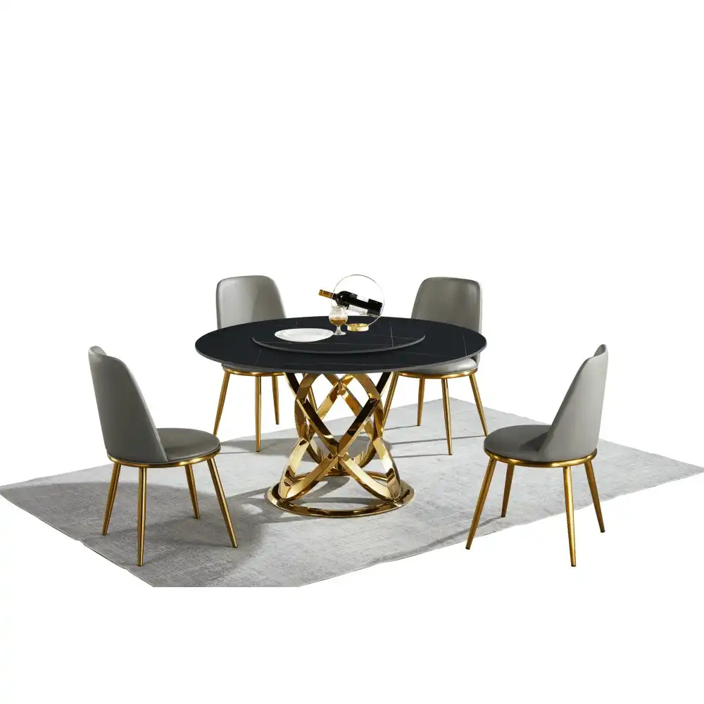Our Home Hayes Luxurious Sintered Stone Round Dining Table 130cm W/ Lazy Susan - Black & Gold