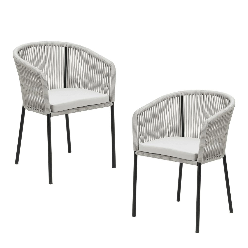 Raimon Furniture Set Of 2 Pietro Stylish Rope Woven Outdoor Dining Chair Metal Frame - Pebble