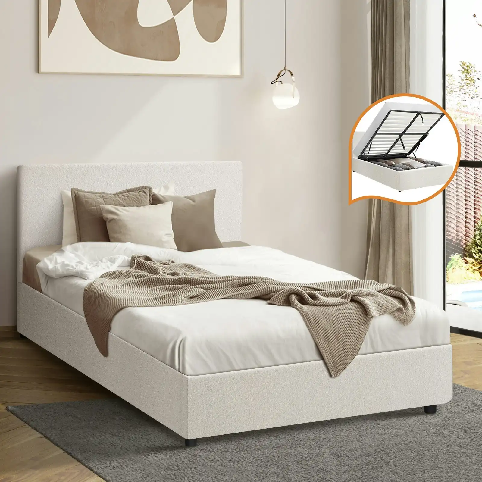 Oikiture Bed Frame Single Size Gas Lift White Boucle