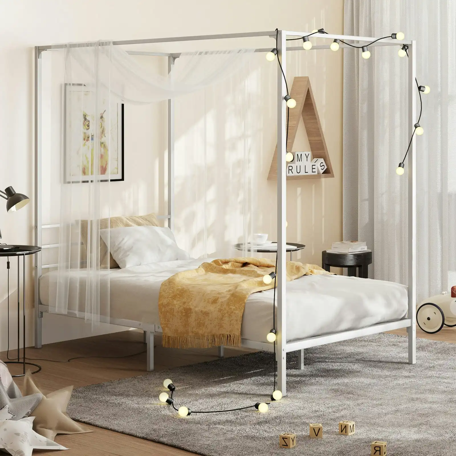 Oikiture Metal Canopy Bed Frame Single Size Beds Platform White