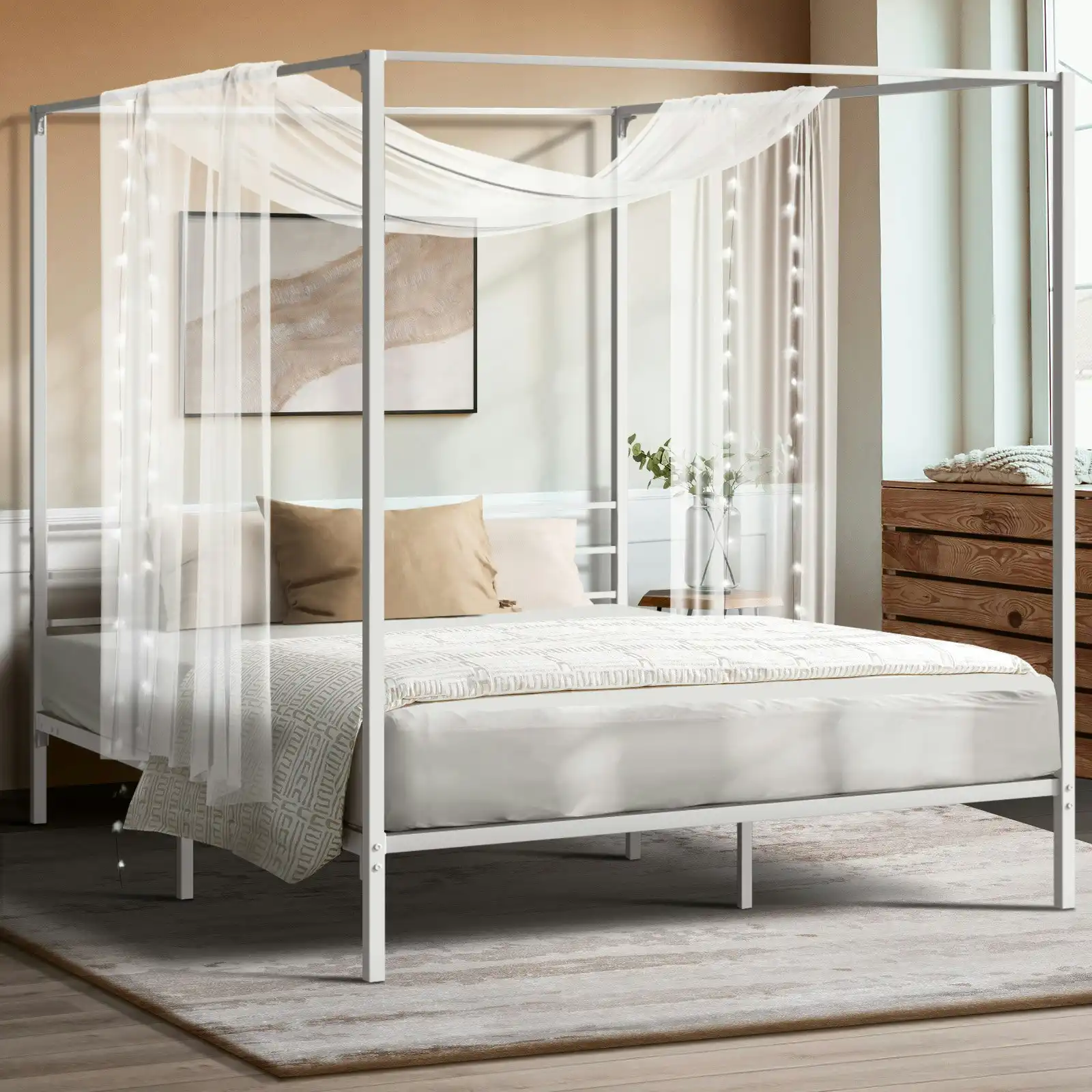Oikiture Metal Canopy Bed Frame Queen Size Beds Platform White