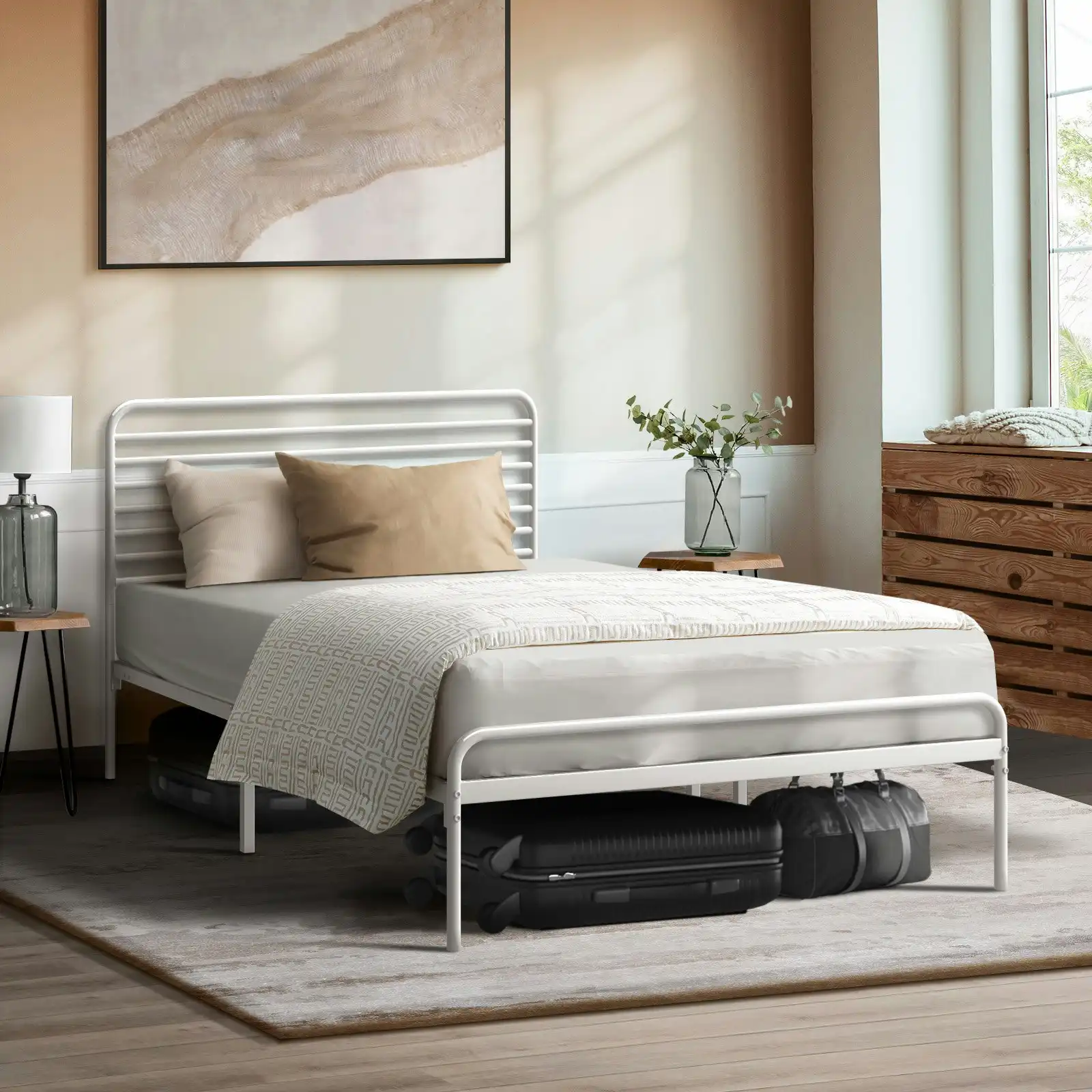 Oikiture Metal Bed Frame King Single Bed Base Beds Platform White