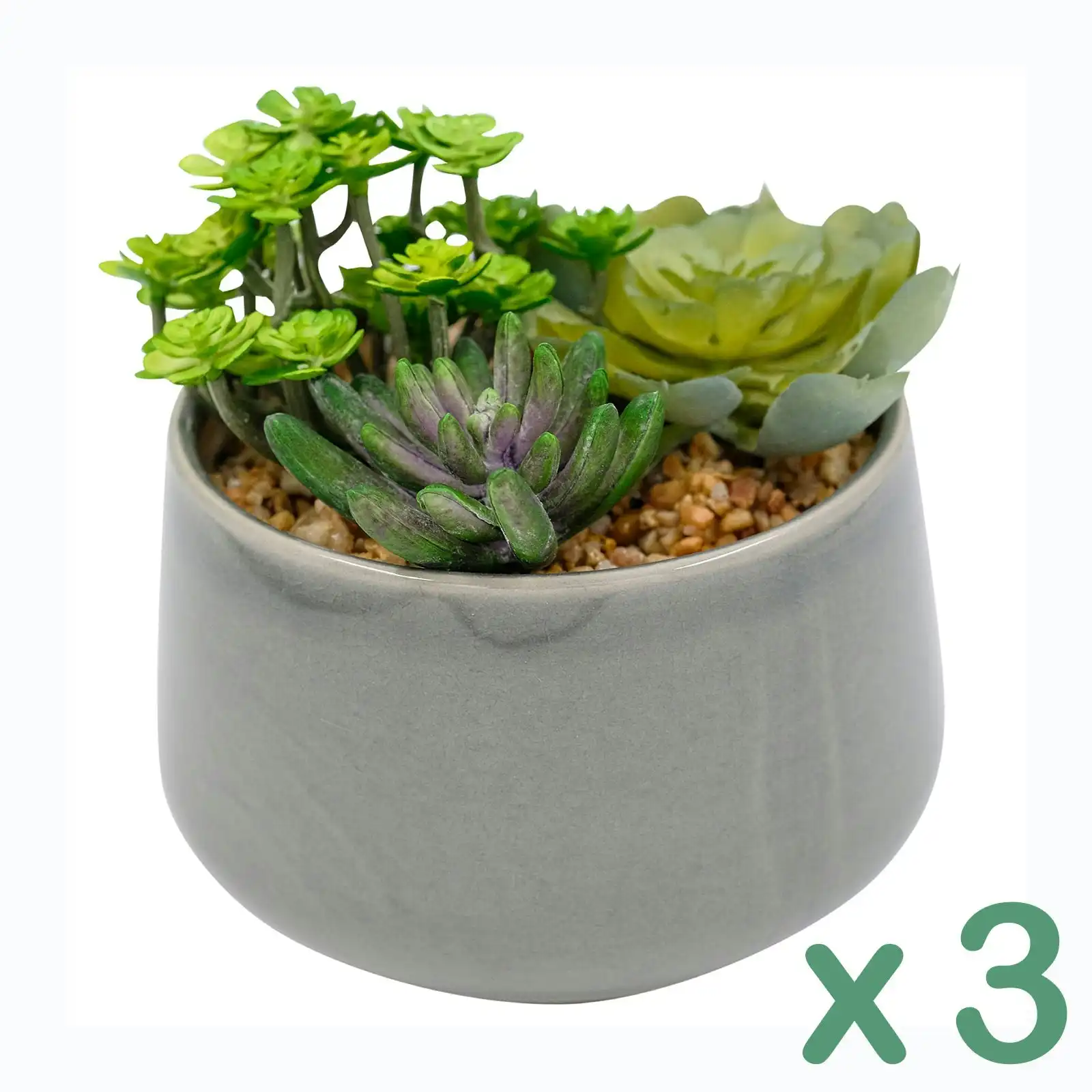3 pots of Artificial Succulents - Trio in Grey Pot 17cm