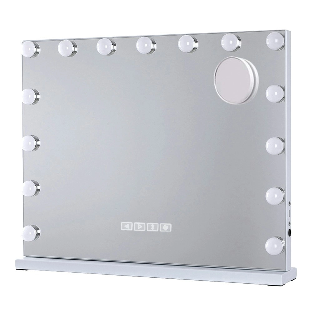 Viviendo Hollywood LED Lighted Makeup Mirror with 15 Dimmable Bulbs Bluebooth Speaker, Tabletop or Wall-Mounted, White