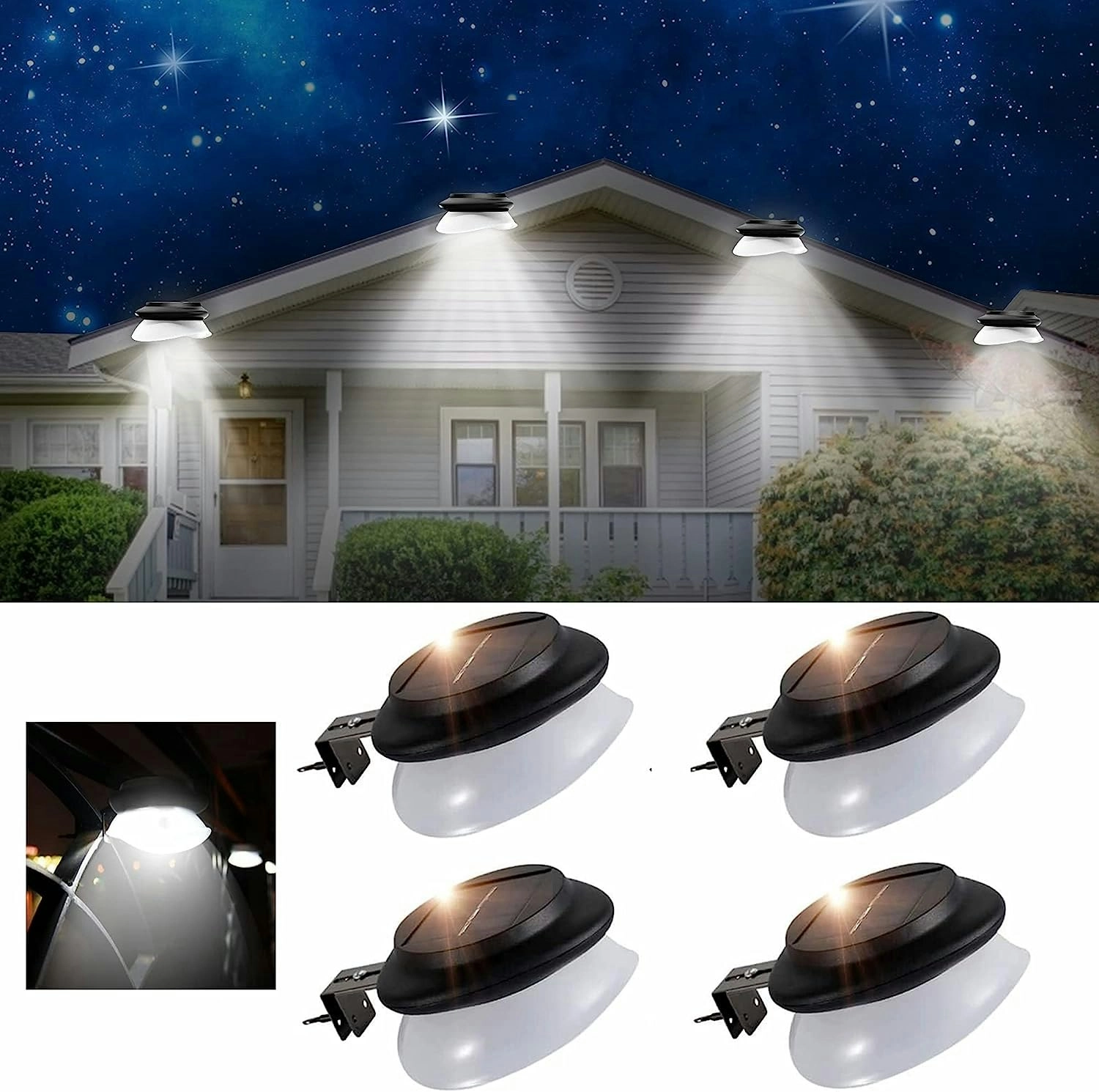 4pcs LED Solar Gutter Lights Outdoor SMY, Adjustable Bracket IP55 Waterproof Solar Security Lights Patio Fence Garden Wall Yard Attic Walkway, Pure White