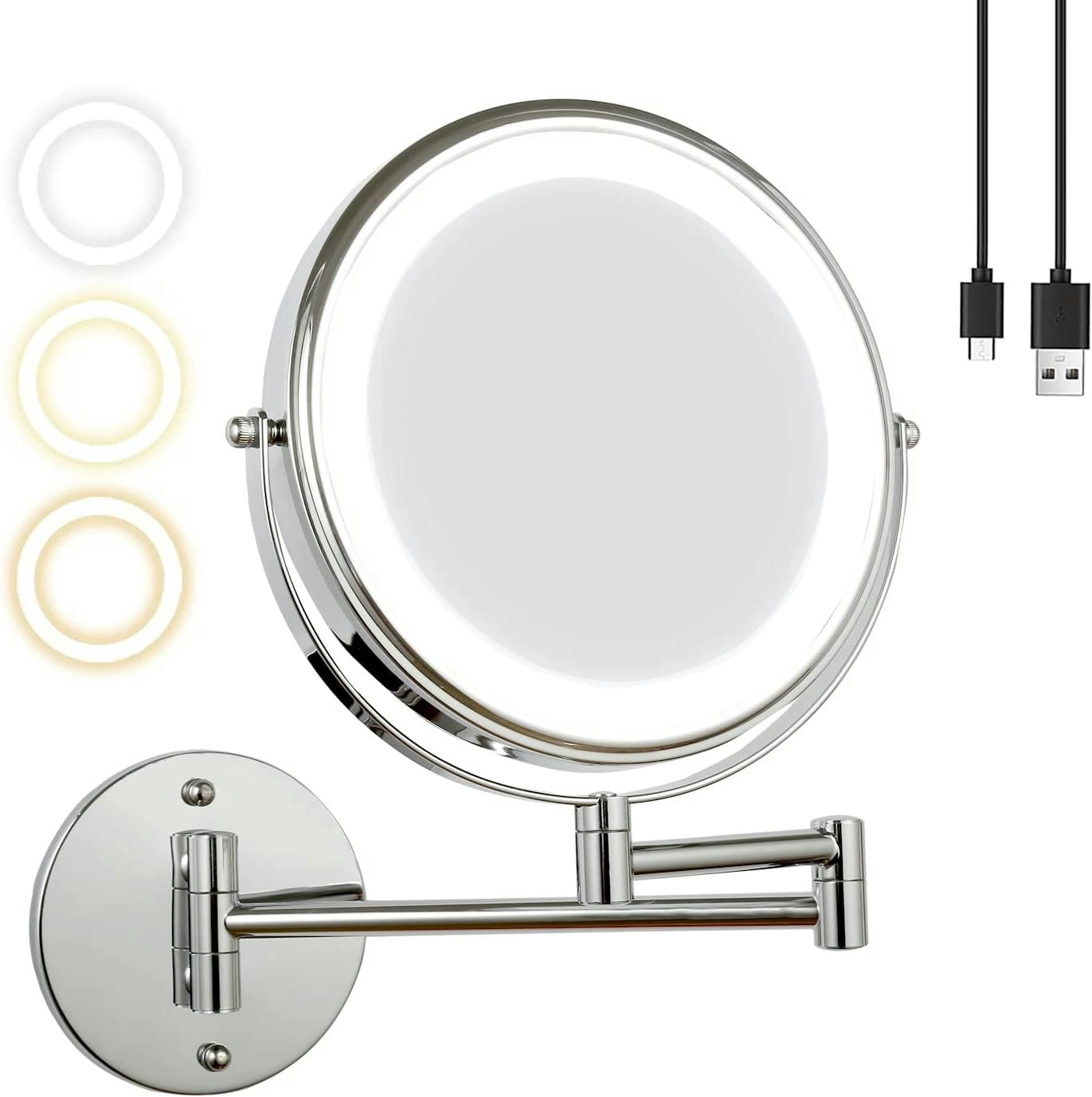 Rechargeable 20cm Lighted Wall Magnifying Makeup Mirror, 3 Color Lighting Modes, 10x Magnification LED Vanity Mirror, Dimmable Lights