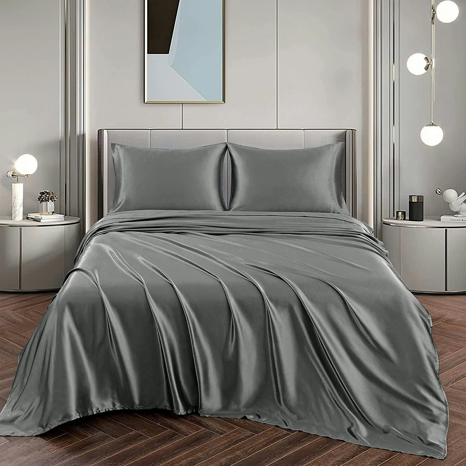 Soft Silky Satin Sheet Set 4pc Queen 2000TC Deep Pocket Gray