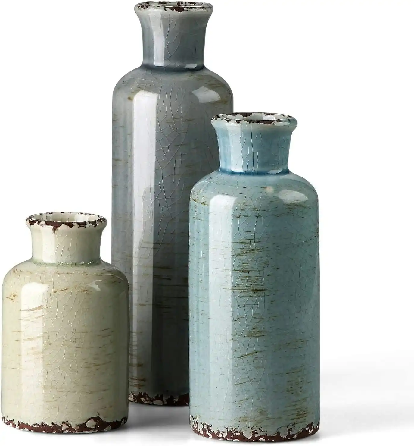 Ceramic Vases Set of 3 Crackled Finish Blue Farmhouse for Home DÃƒÂ©cor