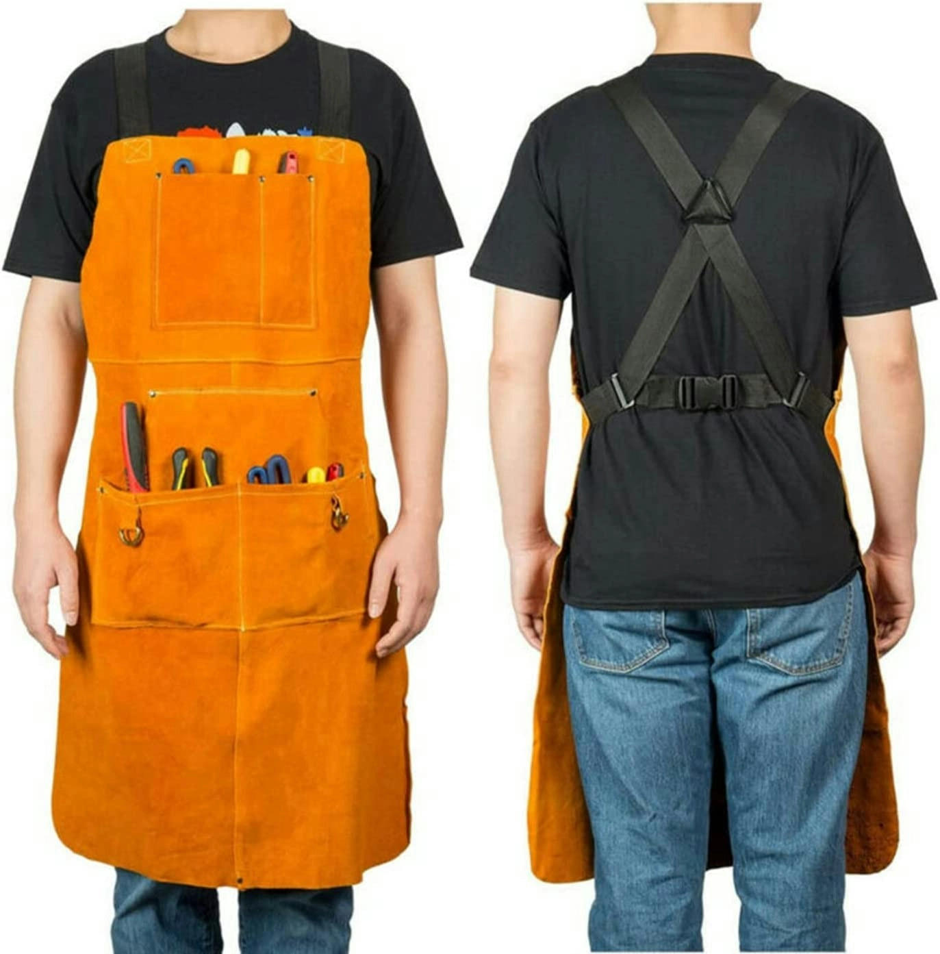 Leather Welding Apron Multiple Pockets Heatproof Flame Retardant Work Shop